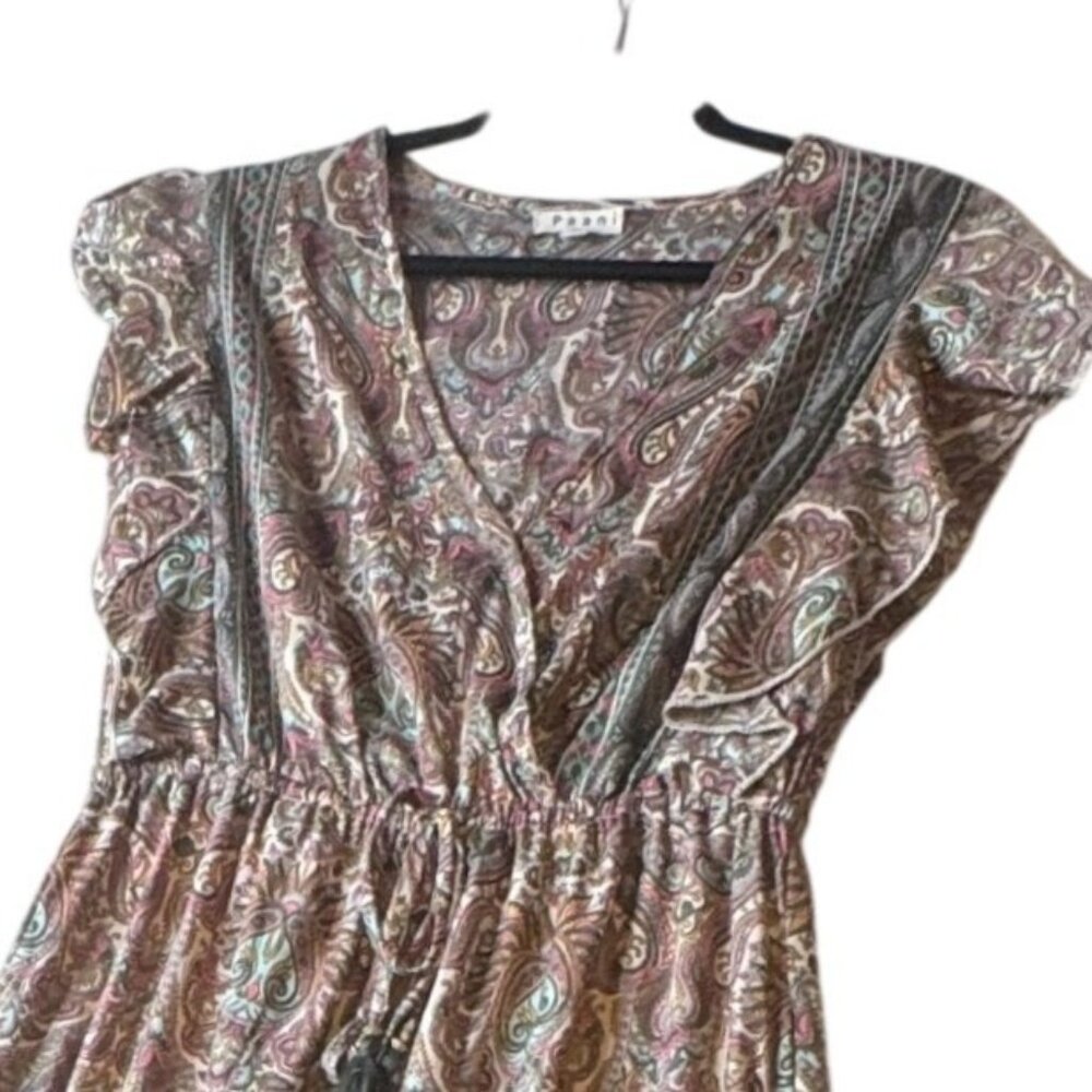 Paani‎ Paisley Maxi Dress Women's Medium Boho Metallic Gold Thread Ruffle Sleeve